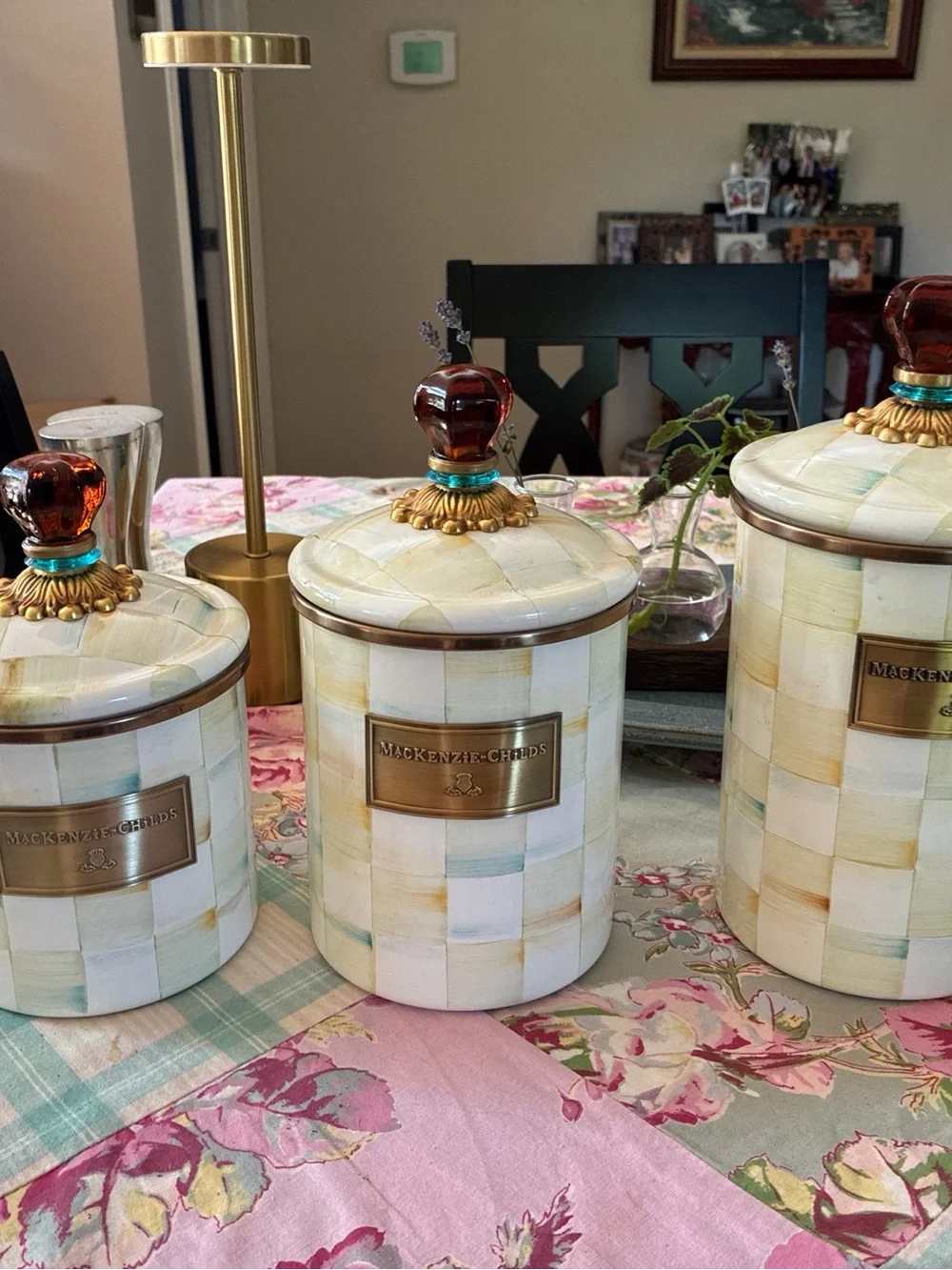 Original Mackenzie-Childs Parchment Check Canister Set with Amber Knobs 3 Piece